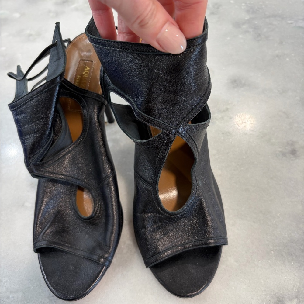 Aquazzura Black Leather Cutout Peep-Toe Ankle Heels